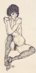 Nu féminin assis avec coudes appuyés